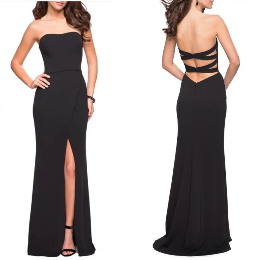 NEW La Femme 27035 Straps Cross Over Skirt Front Slit Gown in Black Sz. 4